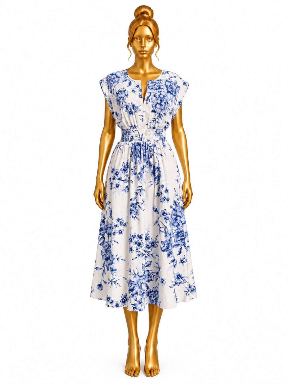 Calvin Klein Size 14 Blue White Floral Cotton Midi Dress Brand New